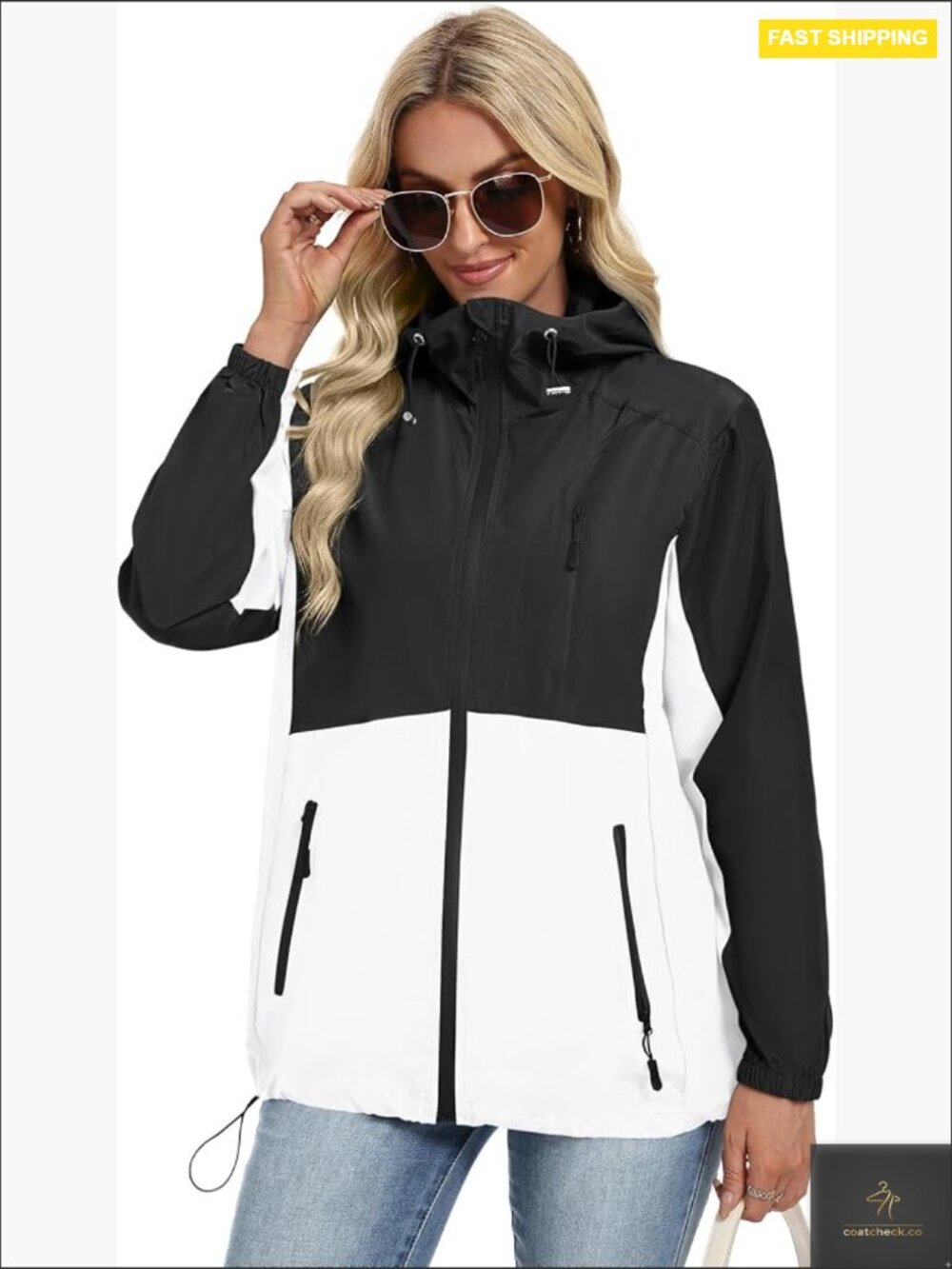 Women's Black and White Colorblock Windbreaker Jacket
